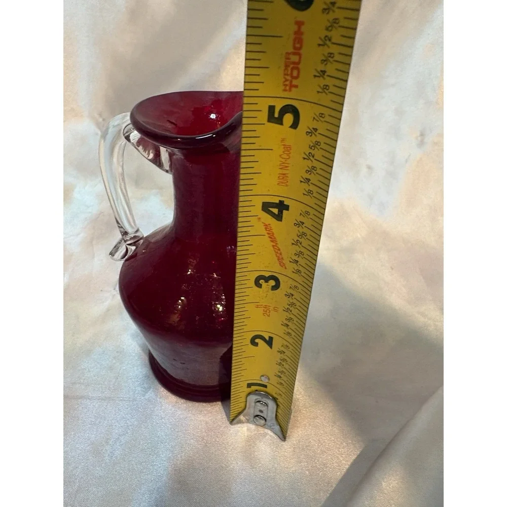 Vtg Hand Blown Ruby Red Glass Mini Pitcher With Clear Glass Handle
